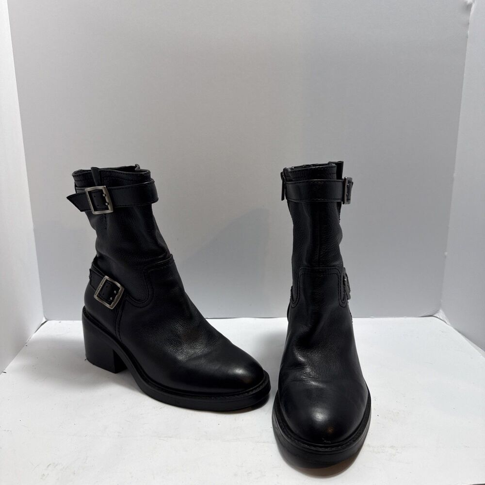 Vince Camuto Vergila Biker Boots Womens 8M Leather Buckled Black Shoes Zipper